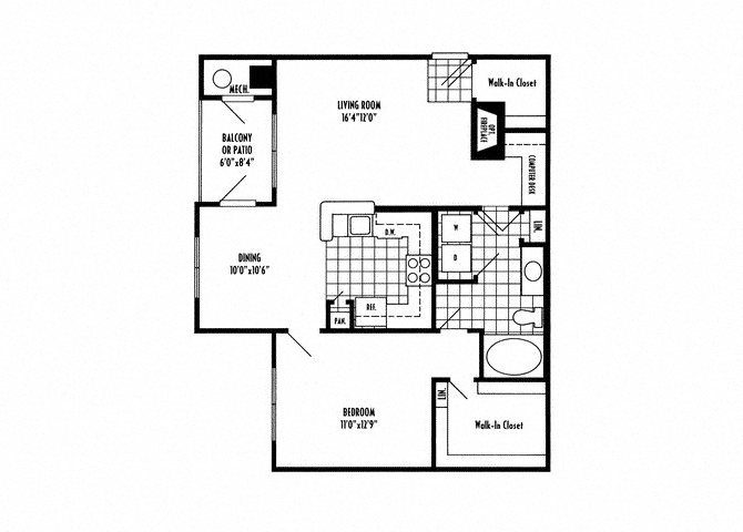 Floor plan for 1 bed, 1 bath, 855 sqft