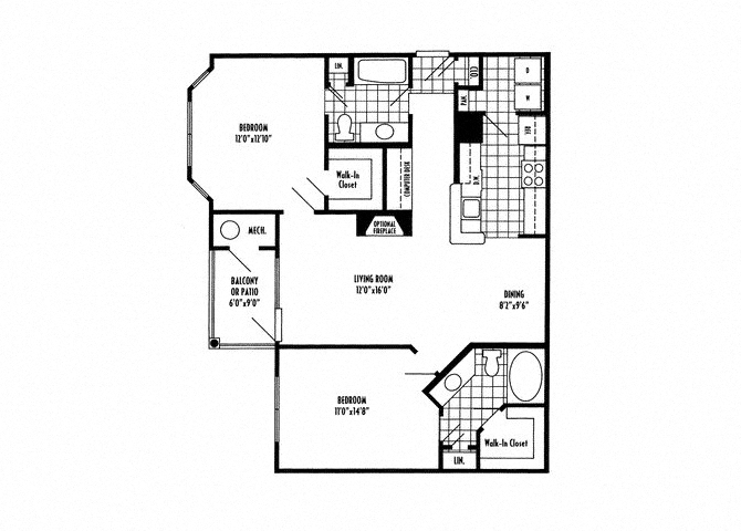 Floor plan for 2 beds, 2 baths, 1072 sqft