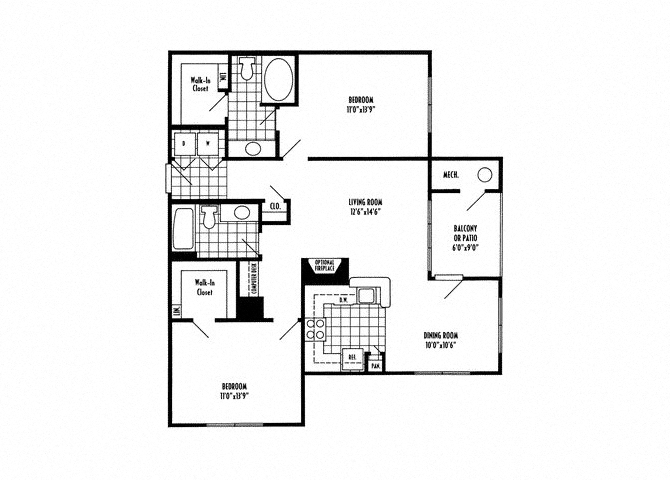 Floor plan for 2 beds, 2 baths, 1101 sqft