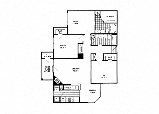 Floor plan for 3 beds, 2 baths, 1359 sqft