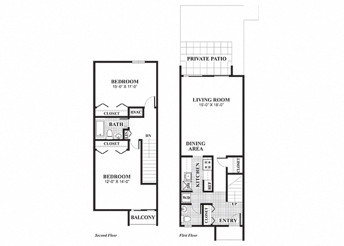 Floor plan for 2 beds, 1.5 baths, 870 sqft