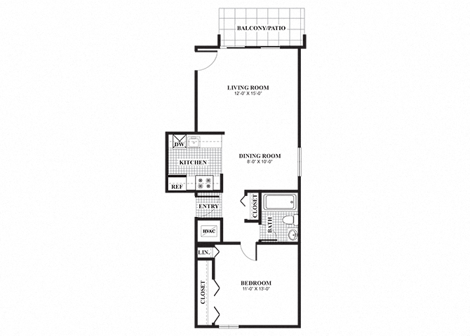 Floor plan for 1 bed, 1 bath, 527 sqft