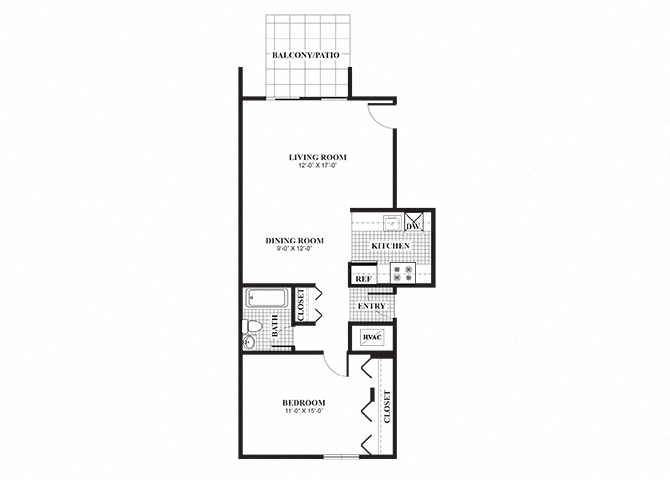 Floor plan for 1 bed, 1 bath, 555 sqft
