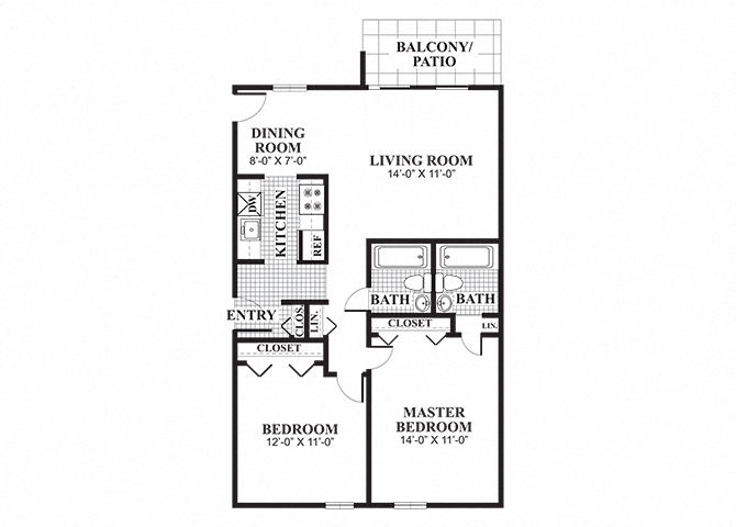 Floor plan for 2 beds, 2 baths, 1008 sqft