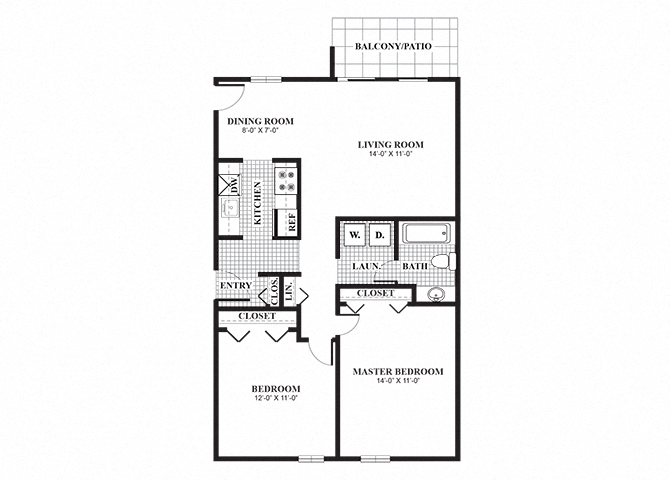 Floor plan for 2 beds, 1 bath, 884 sqft