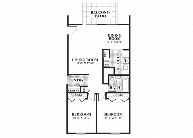 Floor plan for 2 beds, 1 bath, 704 sqft