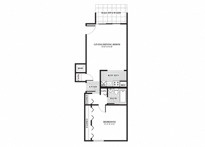 Floor plan for 1 bed, 1 bath, 540 sqft