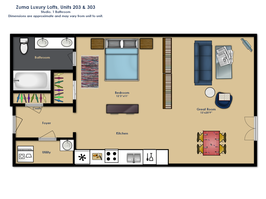 Floor plan for studio, 1 bath, 825 sqft