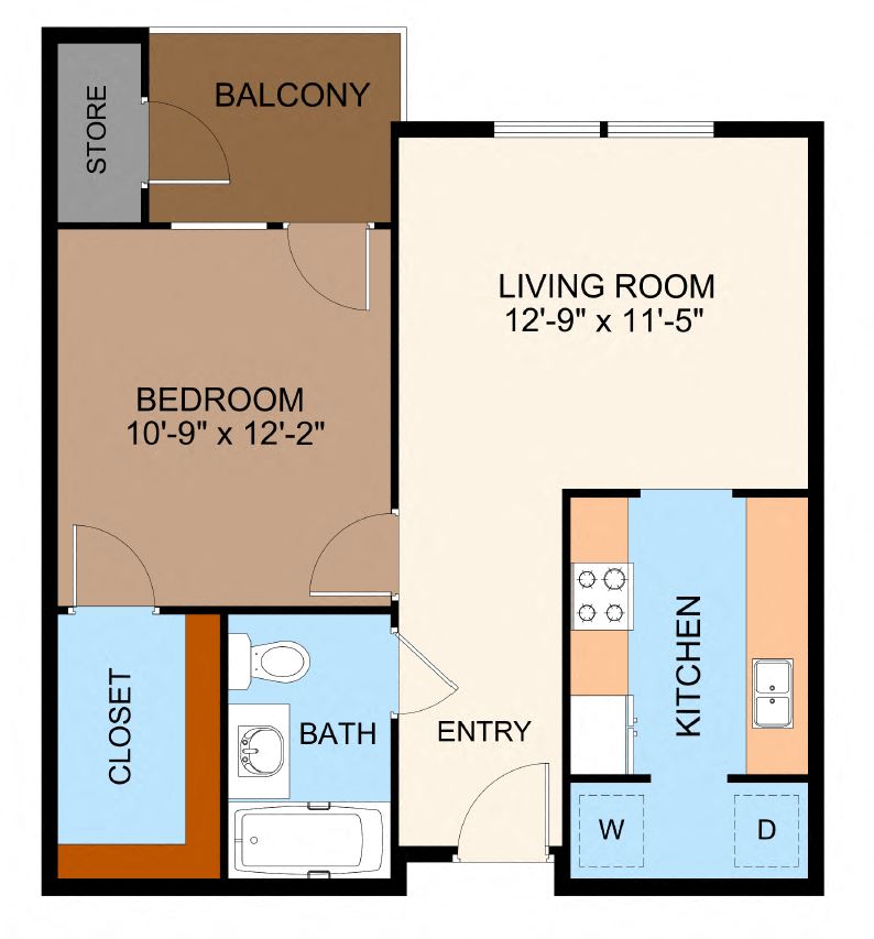 Floor plan for 1 bed, 1 bath, 628 sqft