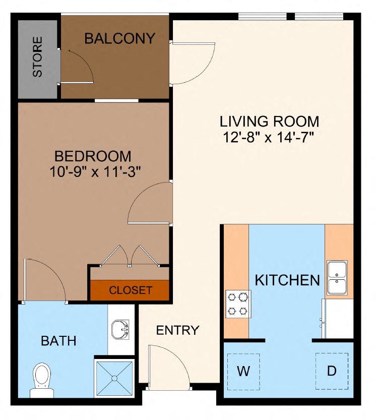 Floor plan for 1 bed, 1 bath, 644 sqft