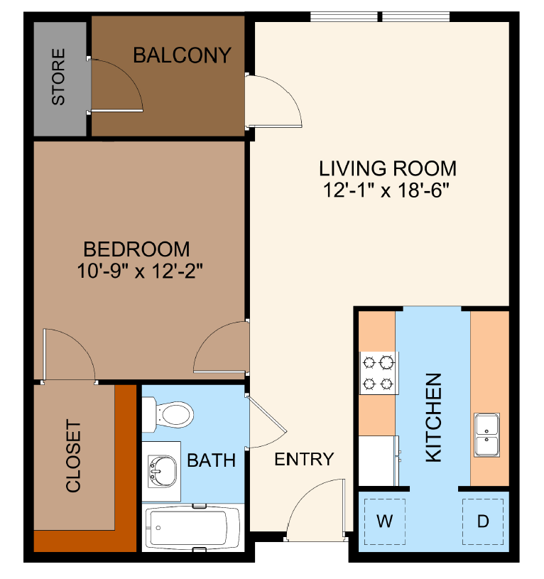 Floor plan for 1 bed, 1 bath, 664 sqft