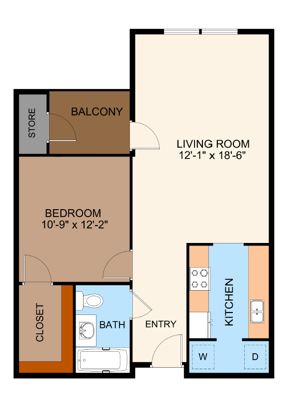 Floor plan for 1 bed, 1 bath, 726 sqft