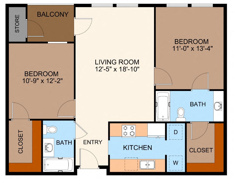 Floor plan for 2 beds, 2 baths, 967 sqft