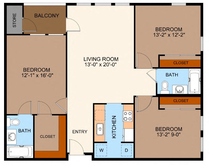 Floor plan for 3 beds, 2 baths, 1240 sqft