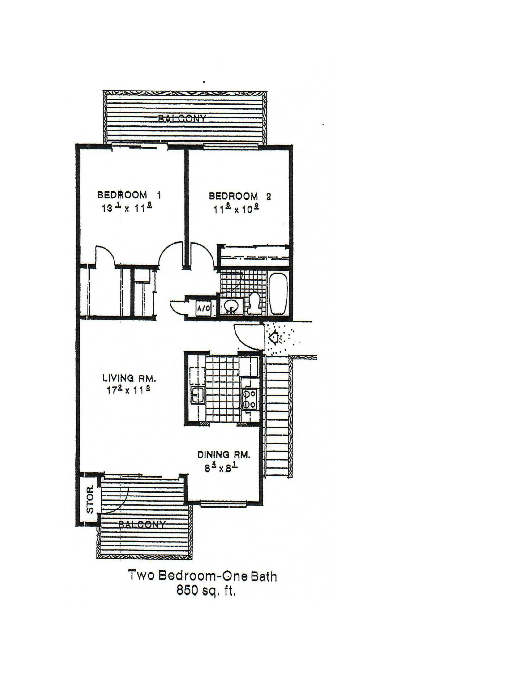 Floor plan for 2 beds, 1 bath, 860 sqft