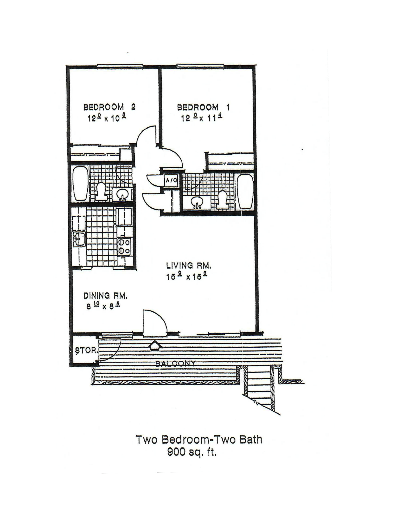 Floor plan for 2 beds, 2 baths, 900 sqft