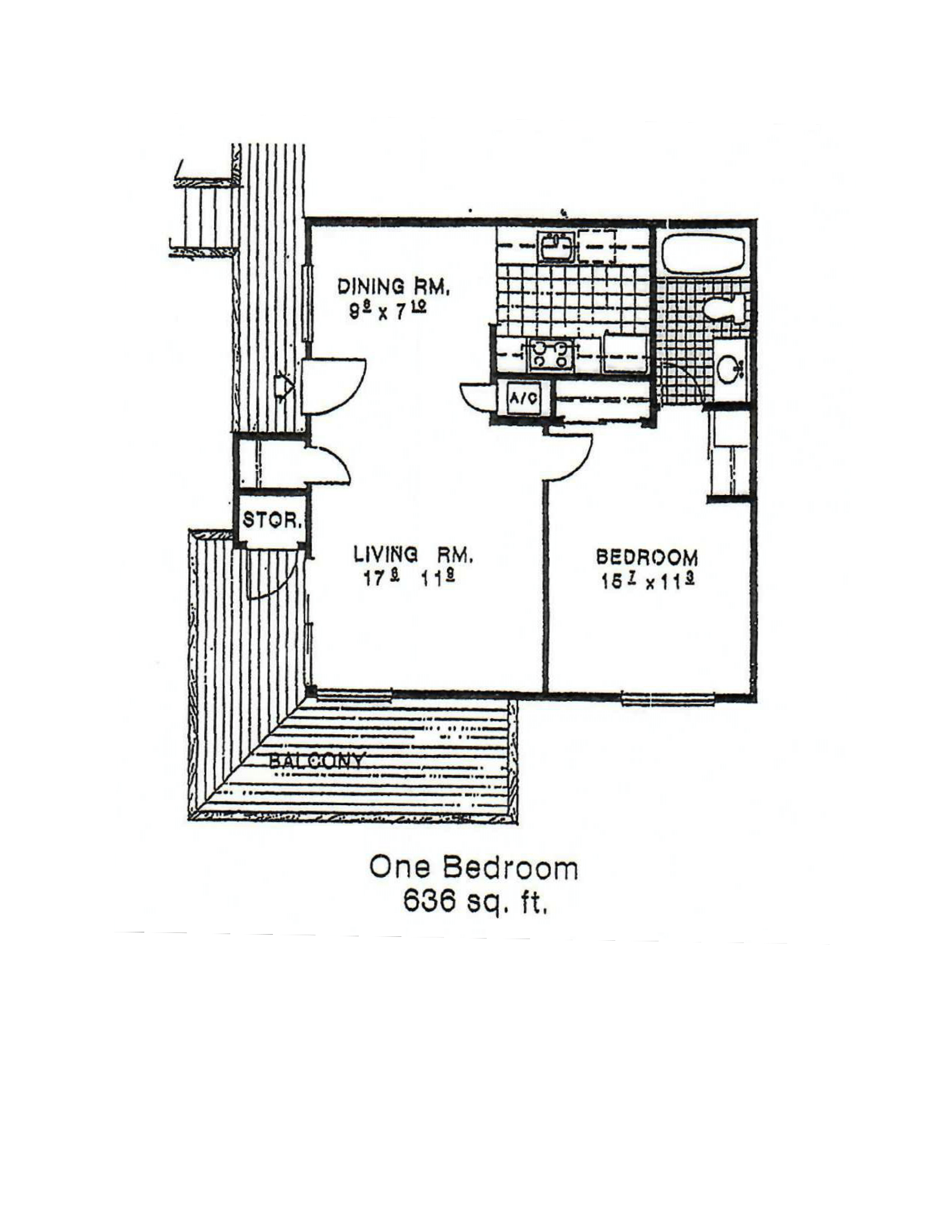 Floor plan for 1 bed, 1 bath, 636 sqft