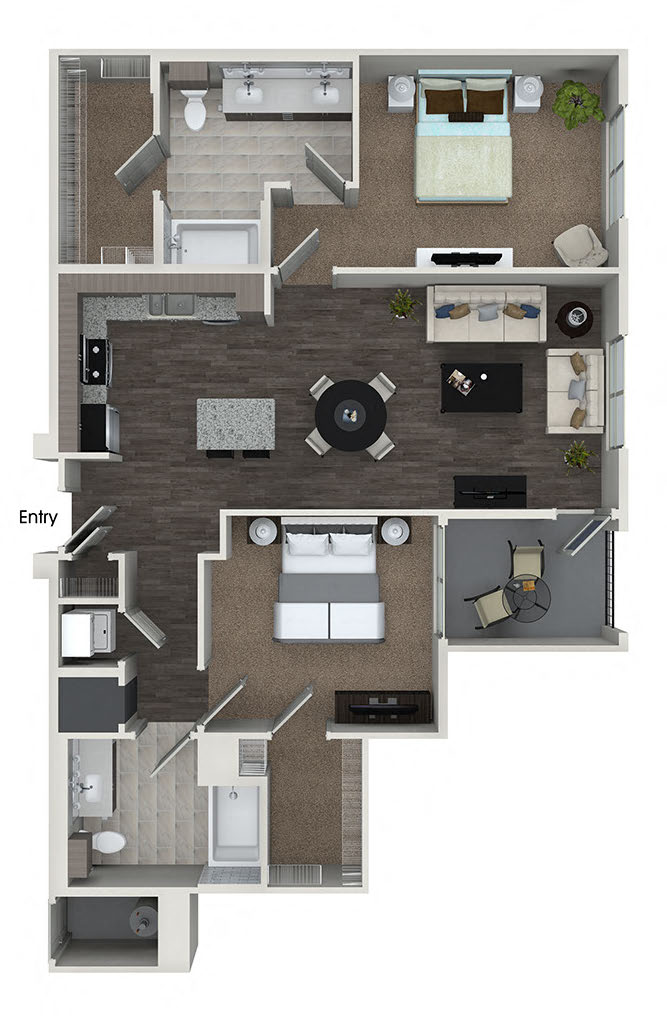 Floor plan for 2 beds, 2 baths, 1132 sqft