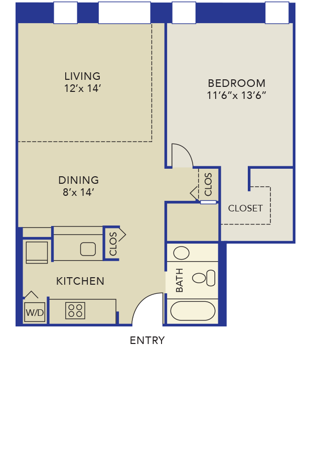 Floor plan for 1 bed, 1 bath, 895 sqft