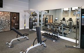 Harrisburg apartment for rent - A gym with a variety of equipment including a punching bag, weight machines, and dumbbells.