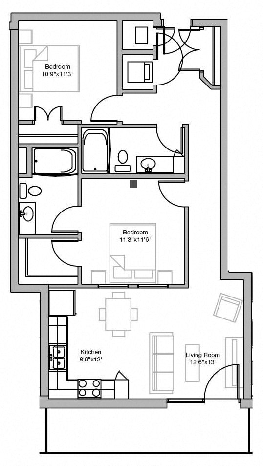 Floor plan for 2 beds, 2 baths, 961 sqft