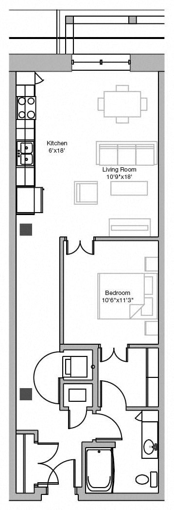 Floor plan for 1 bed, 1 bath, 766 sqft