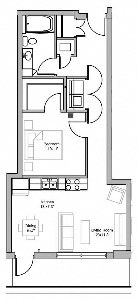 Floor plan for 1 bed, 1 bath, 714 sqft