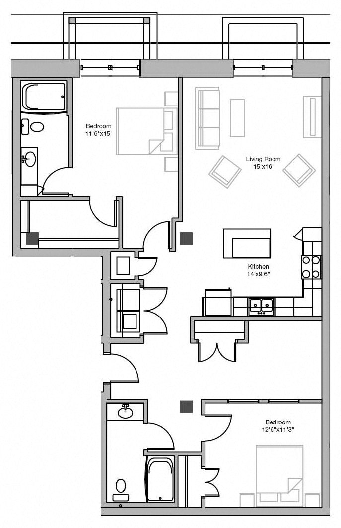 Floor plan for 2 beds, 2 baths, 1309 sqft