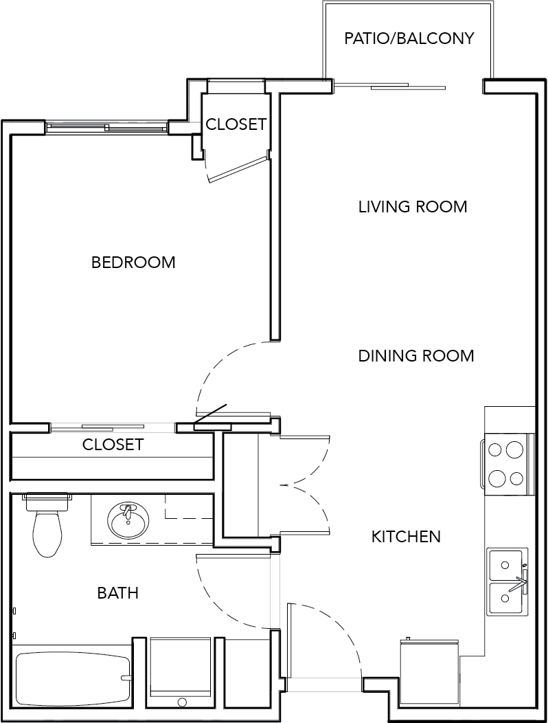 Floor plan for 1 bed, 1 bath, 543 sqft