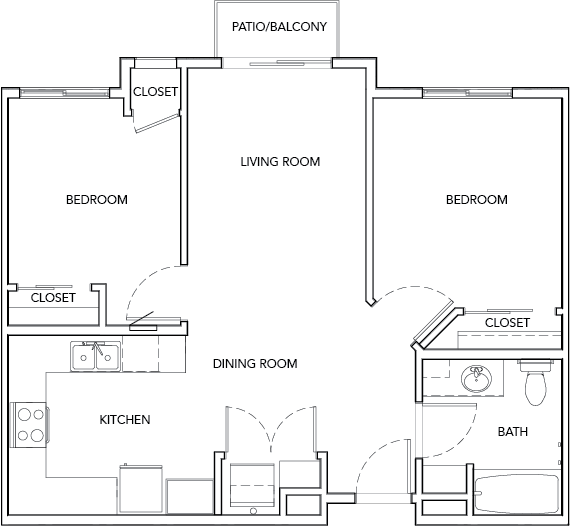 Floor plan for 2 beds, 2 baths, 843 sqft