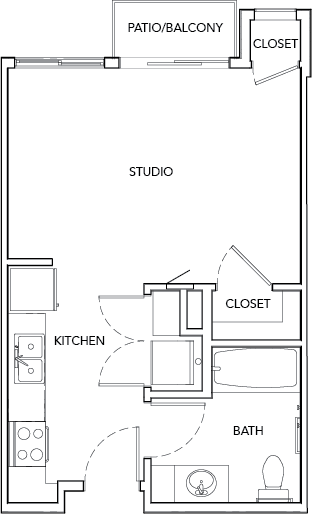 Floor plan for studio, 1 bath, 434 sqft