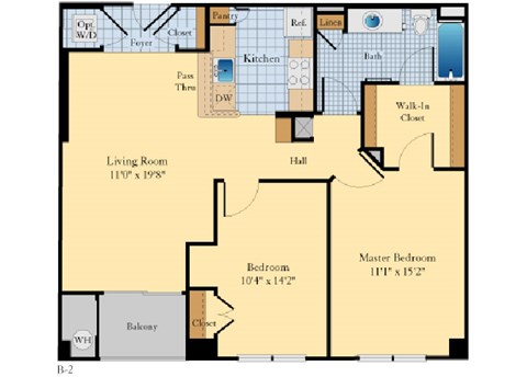 Floor plan for 2 beds, 1 bath, 978 sqft