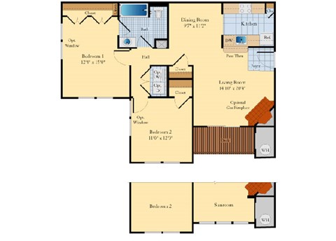 Floor plan for 2 beds, 1 bath, 1002 sqft