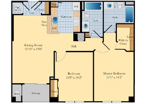 Floor plan for 2 beds, 2 baths, 1022 sqft