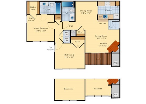 Floor plan for 2 beds, 2 baths, 1039 sqft