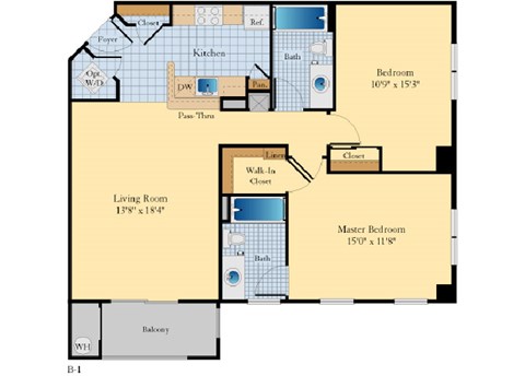 Floor plan for 2 beds, 2 baths, 1049 sqft