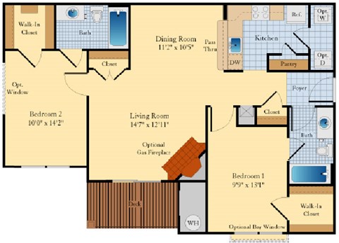 Floor plan for 2 beds, 2 baths, 1100 sqft