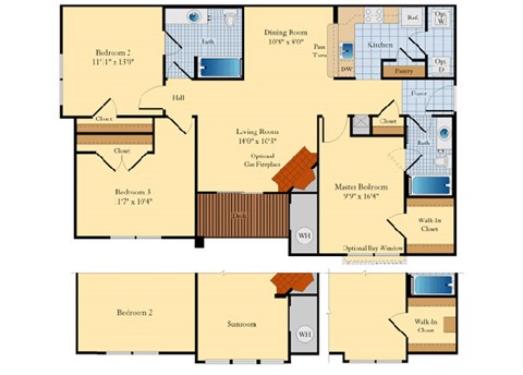 Floor plan for 3 beds, 2 baths, 1288 sqft