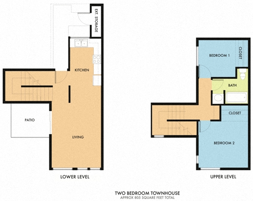 Floor plan for 2 beds, 1 bath, 805 sqft