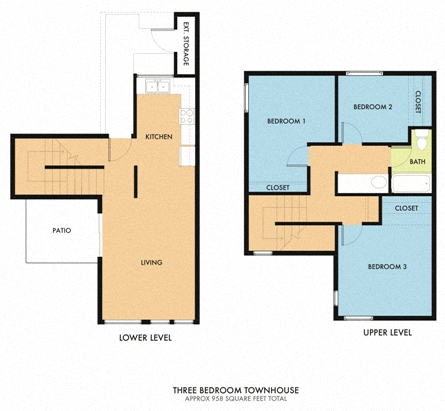 Floor plan for 3 beds, 1 bath, 958 sqft
