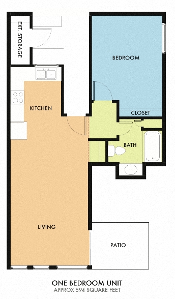 Floor plan for 1 bed, 1 bath, 594 sqft