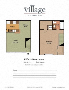 Floor plan for 1 bed, 1 bath, 840 sqft