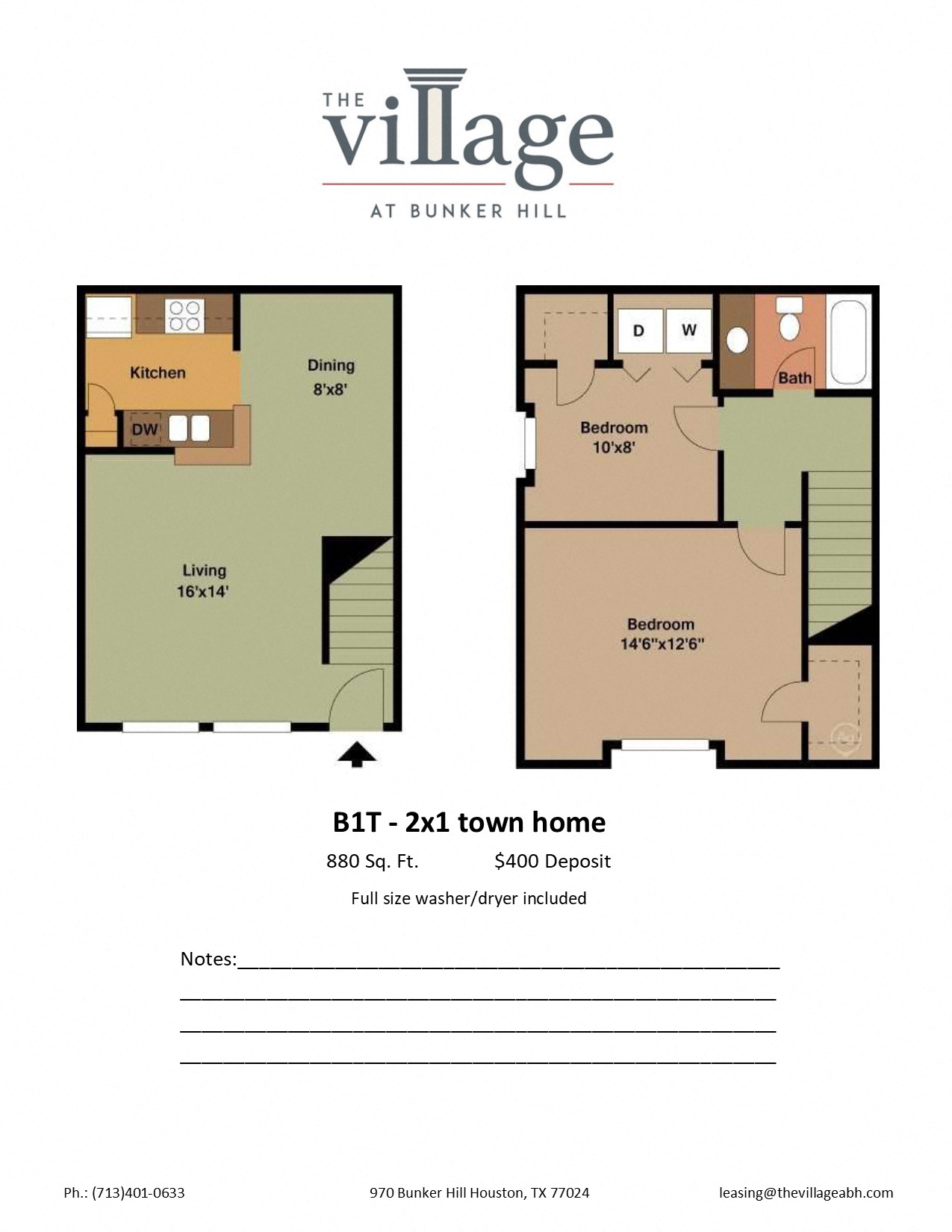 Floor plan for 2 beds, 1 bath, 880 sqft