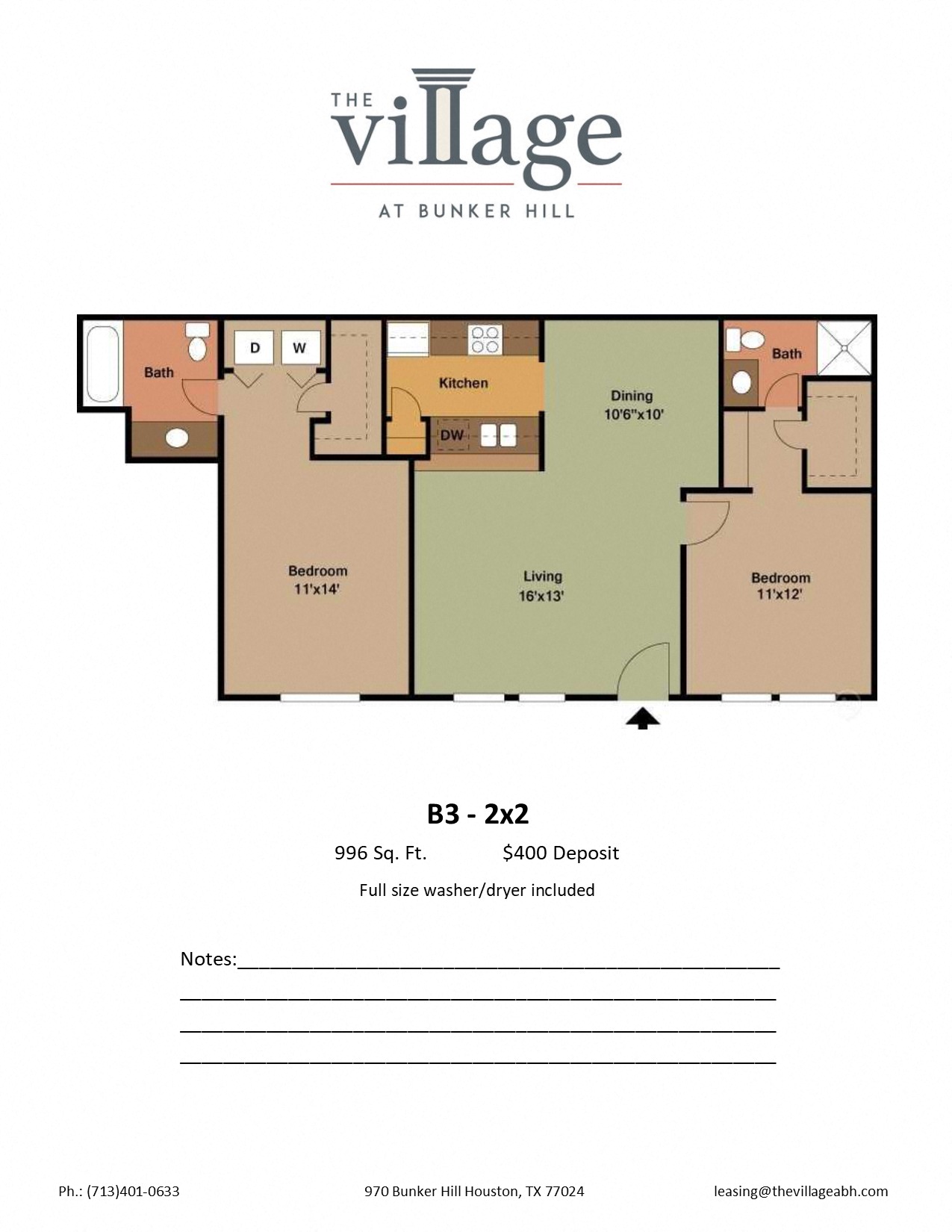Floor plan for 2 beds, 2 baths, 996 sqft