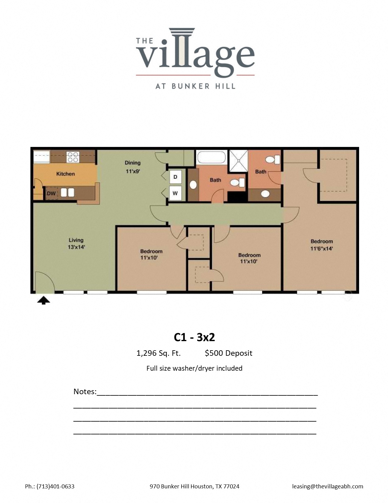 Floor plan for 3 beds, 2 baths, 1296 sqft