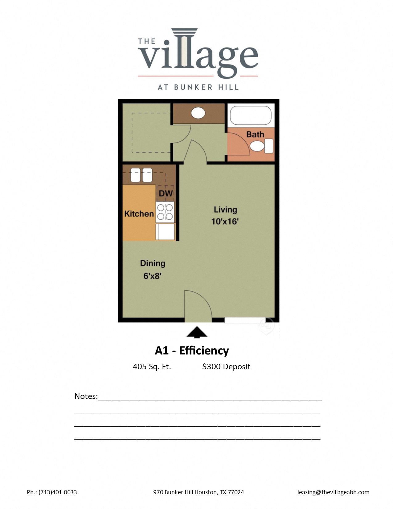 Floor plan for 1 bed, 1 bath, 405 sqft