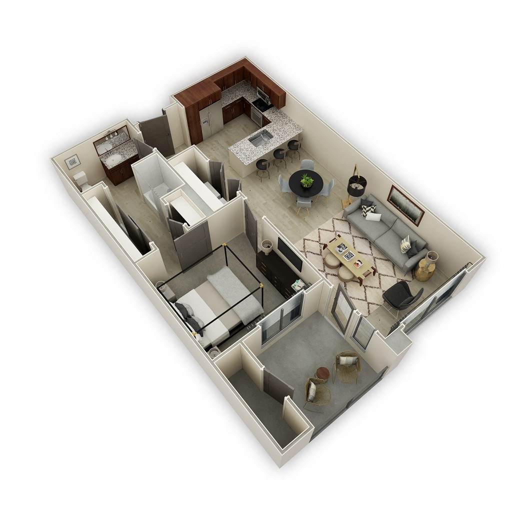 Floor plan for 1 bed, 1 bath, 768 sqft