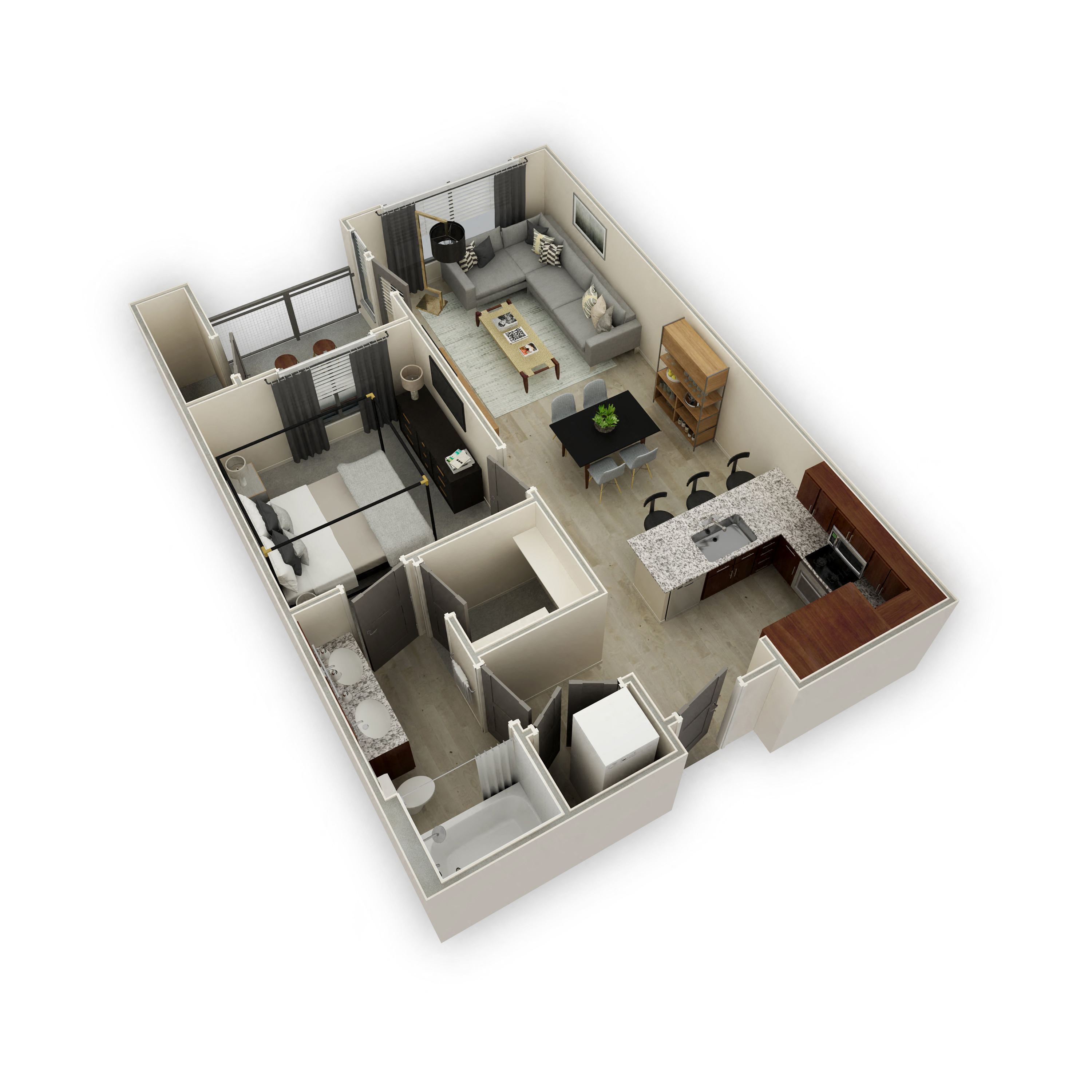 Floor plan for 1 bed, 1 bath, 768 sqft