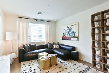 Chandler apartment for rent - a living room with black leather furniture and a white rug