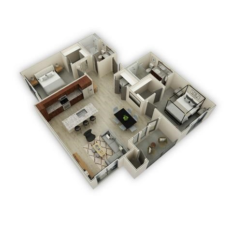 Floor plan for 2 beds, 2 baths, 1121 sqft
